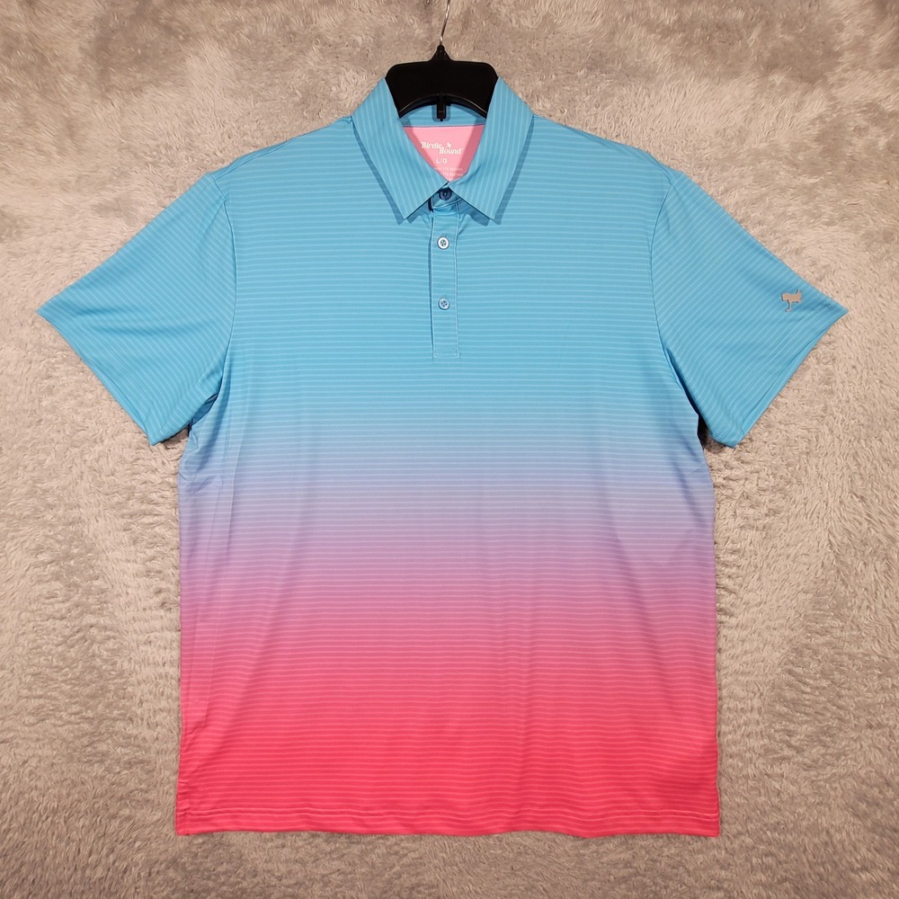 Birdie Bound Golf Polo Mens Large Blue Pink Ombre Stripe UPF 50+ Stretch Polo